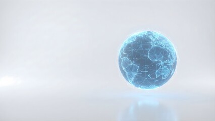 Blue digital globe with glowing network connections over a clean white background. Represents global communication, worldwide internet connectivity, international business, and planetary data.