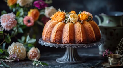 A lavish dessert decorated with flowers radiates cosiness and festive cheer — an excellent decorative backdrop for culinary blogs or invitations to celebrations.