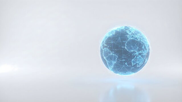 Blue digital globe with glowing network connections over a clean white background. Represents global communication, worldwide internet connectivity, international business, and planetary data. - Powered by Adobe