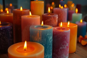Group of colorful pillar candles burning and creating a warm and cozy atmosphere