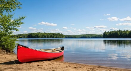 A red canoe sits on a sandy beach, with a serene lake and forested shoreline in the background.
