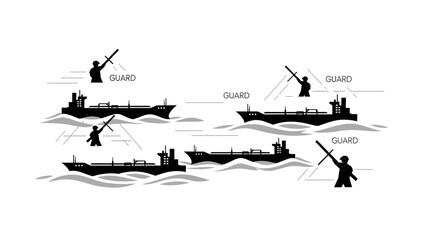 Illustration of silhouette boats with guards on water against a clean white background depicting US operations in Venezuela with geopolitical relations and oil implications.