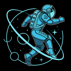 Futuristic Blue Robot Character in Space with Orbital Rings