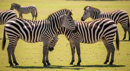 Zebras graze on a grassy field in natural sunlight