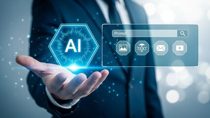 Businessman presenting artificial intelligence concept with glowing AI icon