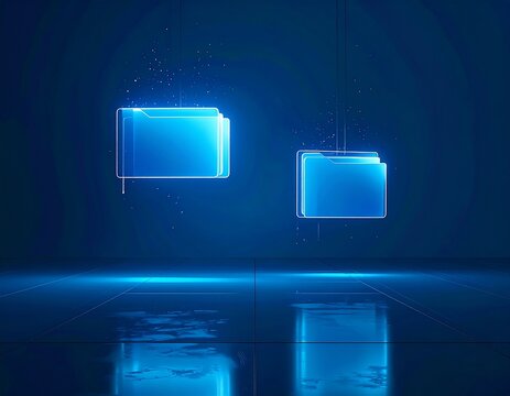 Digital Folders in Cyber Realm: Futuristic folders hover within a digital landscape, hinting at the vastness of information storage and retrieval within a cybernetic environment. - Powered by Adobe