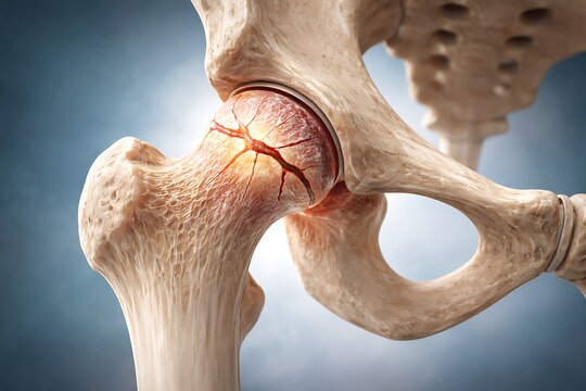 Human hip joint with fractured femur head, osteoporosis