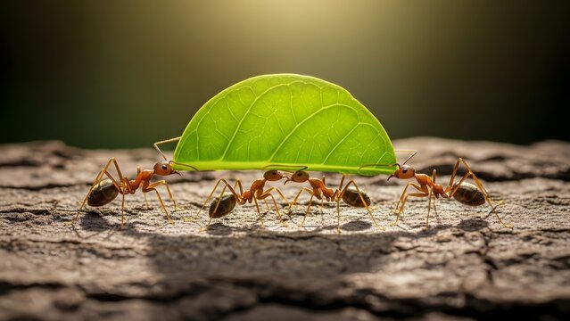 Teamwork and collective effort in nature. Cooperation and strength in business. Group of red ants carrying a large green leaf together across a textured tree bark surface