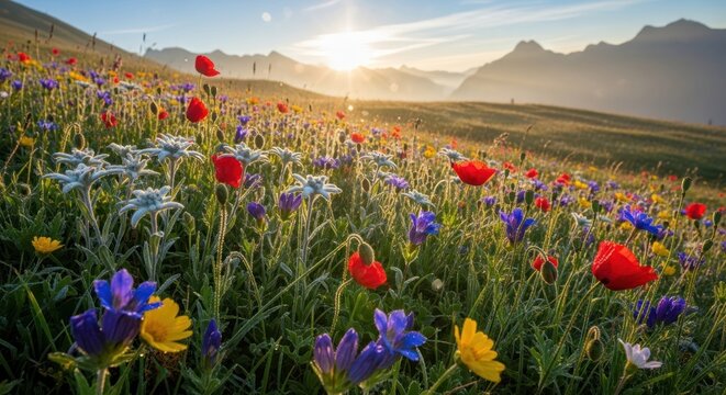 Vibrant alpine meadow with wildflowers at sunrise. - Powered by Adobe