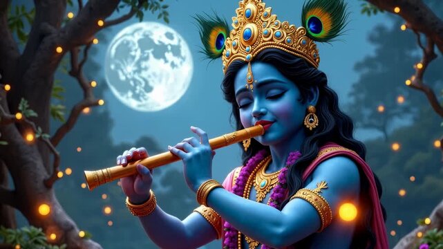 Lord Krishna playing a golden flute, glowing with divine light and spiritual energy. Concept of Hindu mythology, devotion, meditation, and Indian culture.