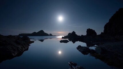 Moonlit seascape with water reflection night scene