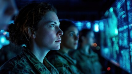 Obraz premium Military women observing data screens