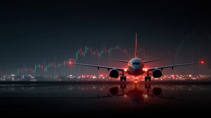 Airplane at airport with financial chart night scene