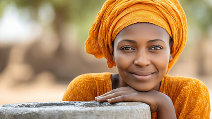 Smiling woman with orange headscarf beside rustic well in sunny environment. This vibrant scene captures joy and community, showcasing cultural connection.