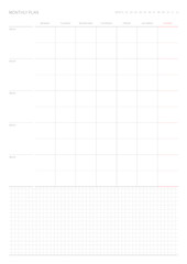 A monthly plan template with a simple and minimal style. Note, scheduler, diary, calendar planner document template illustration.