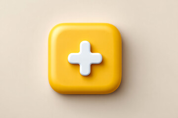 Obraz premium A bright yellow square button with a white plus sign in the center, set against a light beige background.