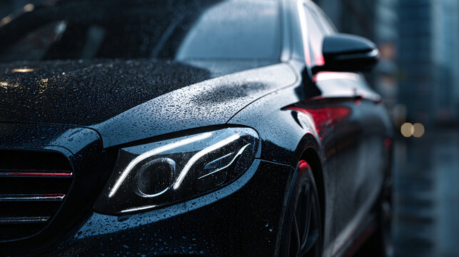Close-up of a wet luxury car with illuminated headlights in an urban setting.