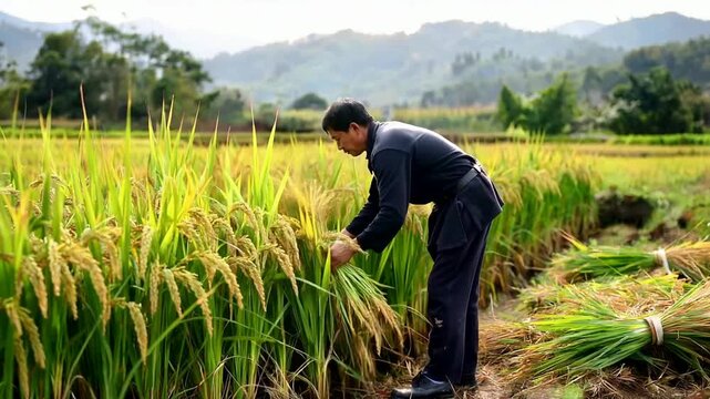 Farmer harvesting rice in a lush green field during daytime.