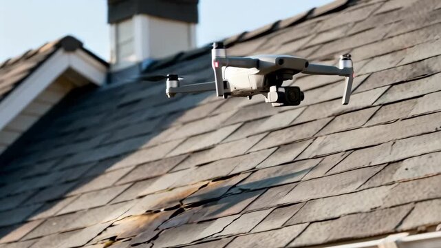 Medium shot showcasing a drone flying close to a sloped roof inspecting the shingles for damage and wear.