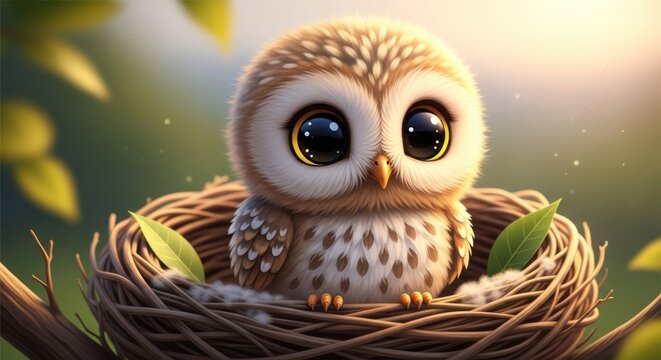 Cute baby owl with big eyes sitting in a nest.