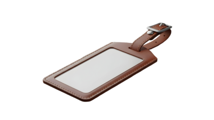 A brown leather ID card holder with a blank label attached to a strap