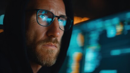 Man using a computer in a dark environment