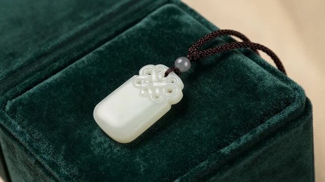 Exquisite white jade pendant on a dark green velvet jewelry box