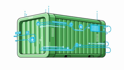 Green shipping container with digital interface, secure data flow, and network connections