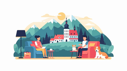 Fototapeta premium People relax with dogs and a castle in the background