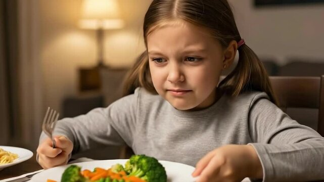 Child's reluctant encounter with vegetables at dinner table