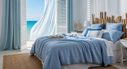 Naklejka premium Coastal bedroom with ocean view and blue decor