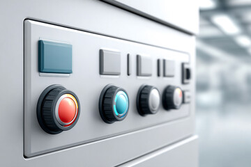 A close-up of a control panel featuring various buttons and knobs, suggesting technology and functionality in a modern setting.