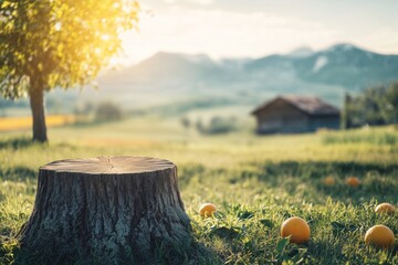 Rustic tree stump podium with fresh oranges in a sunlit meadow, a calm farm-to-table stage for natural brands - organic citrus product advertising and eco packaging mockups