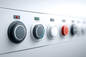 A close-up view of control knobs and buttons, featuring various colors and indicators, typical of a modern appliance or device interface.
