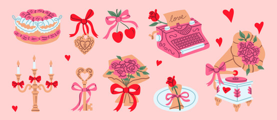 Collection of romantic Valentine's Day elements including cake, typewriter, gramophone, roses, and vintage key in pink colors