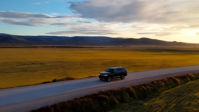 Black SUV Driving on Rural Road at Sunset