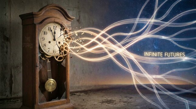 Time Fracture: Conceptual Grandfather Clock Exploding into Light