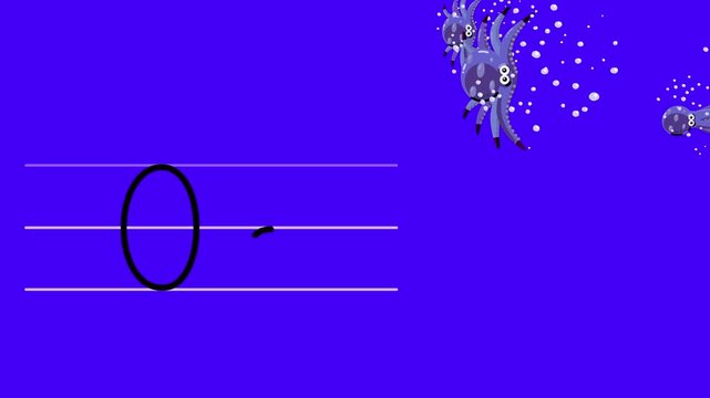O letter writing like octopus color cartoon animation. A compatibile part of the alphabet serie. Handwriting educational style for children. For education movies, presentation, learning alphabet.