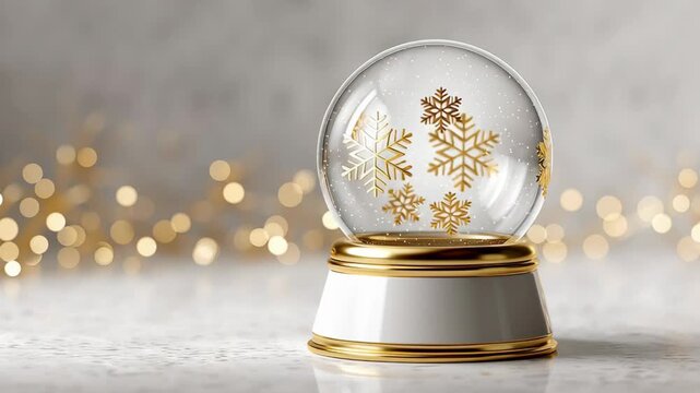 Decorative snow globe showcasing intricate golden snowflakes within a crystal-clear sphere, capturing the enchanting essence of winter with shimmering bokeh lights in the background enhancing the fest