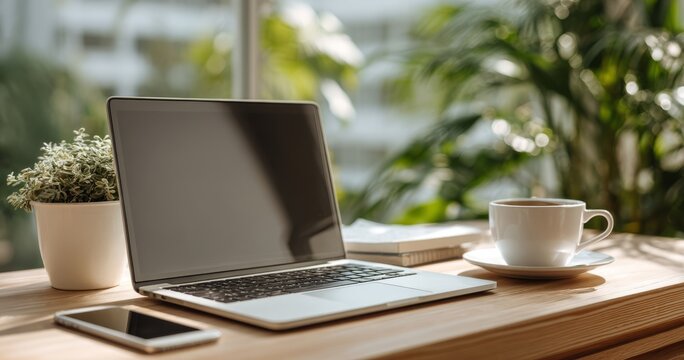 Bright Indoor Workspace for Home Office Side Hustle with Laptop and Coffee
