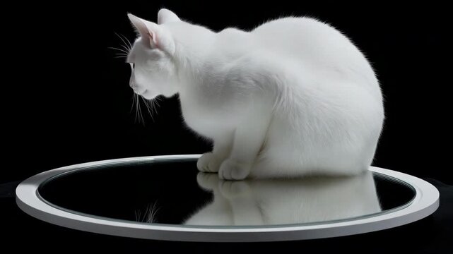Curious white cat examines mirror reflection with intense focus in dark setting