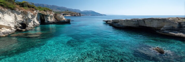 Pristine turquoise waters and rocky cliffs under clear blue sky in serene coastal landscape