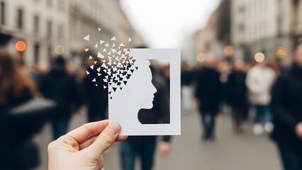 Paper cutout of a human profile dissolving into small fragments. Mental health and memory loss concept. Hand holding a face silhouette against a blurred city street.