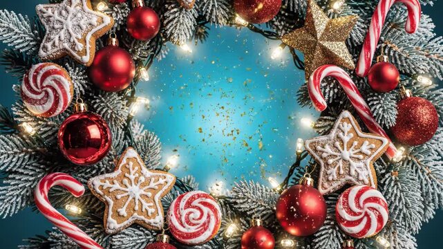 Christmas wreath border with gingerbread cookies, ornaments, and lights on blue background