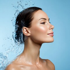 Naklejka premium Female caucasian young adult with water splash and clear skin on blue background