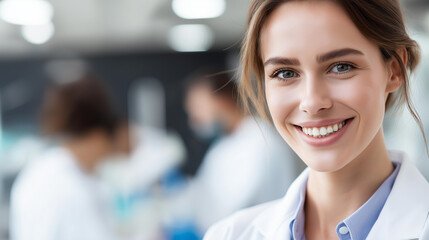 Fototapeta premium Faceless close view of smiling female scientist, happy research professional, cheerful laboratory worker, defocused face, with copy space