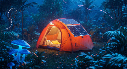 Image of orange tent with solar panel in rainy forest, representing sustainable camping, eco-friendly travel, and nature exploration in adverse weather