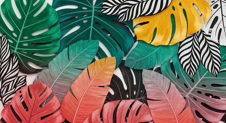 Detailed image of monstera and feather leaves with various colors, conveying nature's diversity and elegance, suitable for tropical or botanical theme