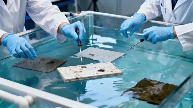 Closeup of researchers testing biofouling resistant materials in a water tank to evaluate effectiveness against aquatic organism accumulation.