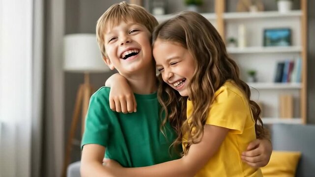 Joyful siblings hugging and laughing in cozy living room setting